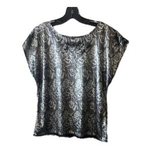 Vintage Joannas Floral Blouse Medium Made USA Black Silver Short Sleeve